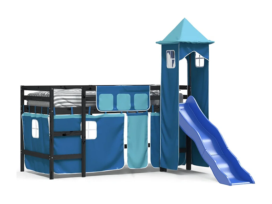 Kinderhochbett mit Turm Blau 80x200 cm Massivholz Kiefer