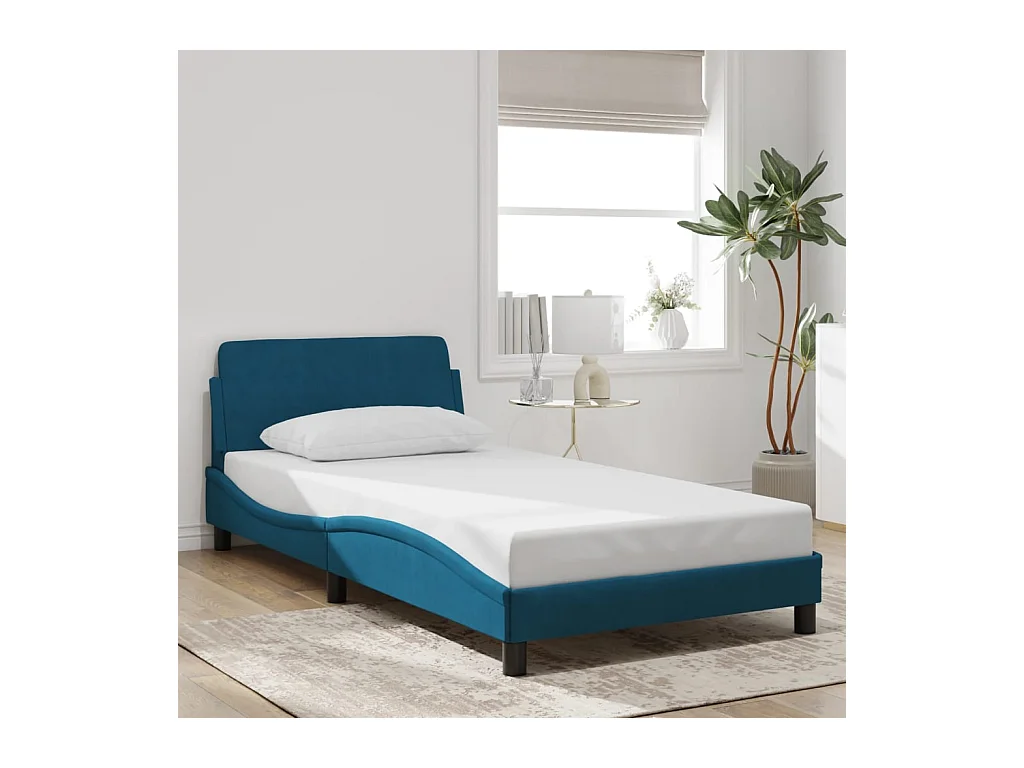 Cadre de lit et tête de lit sans matelas bleu 100x200cm velours