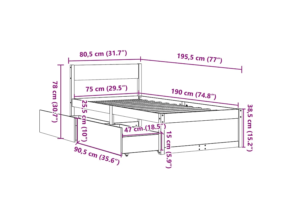 Bedframe zonder matras massief grenenhout wit 75x190 cm