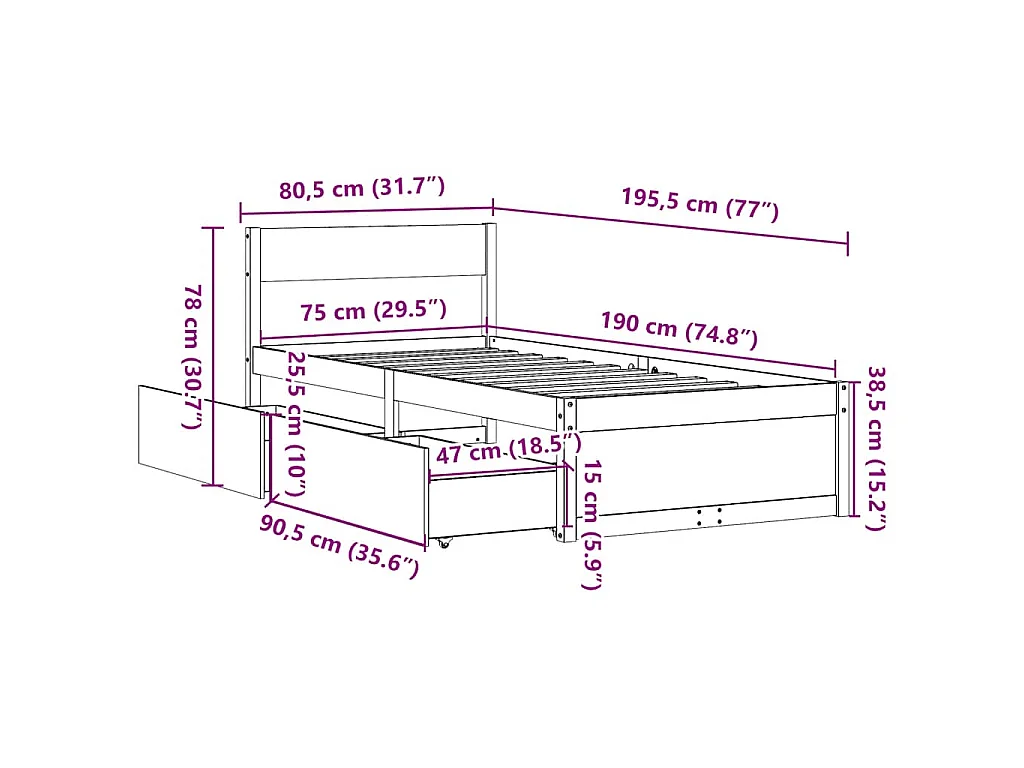 Bedframe zonder matras massief grenenhout wit 75x190 cm