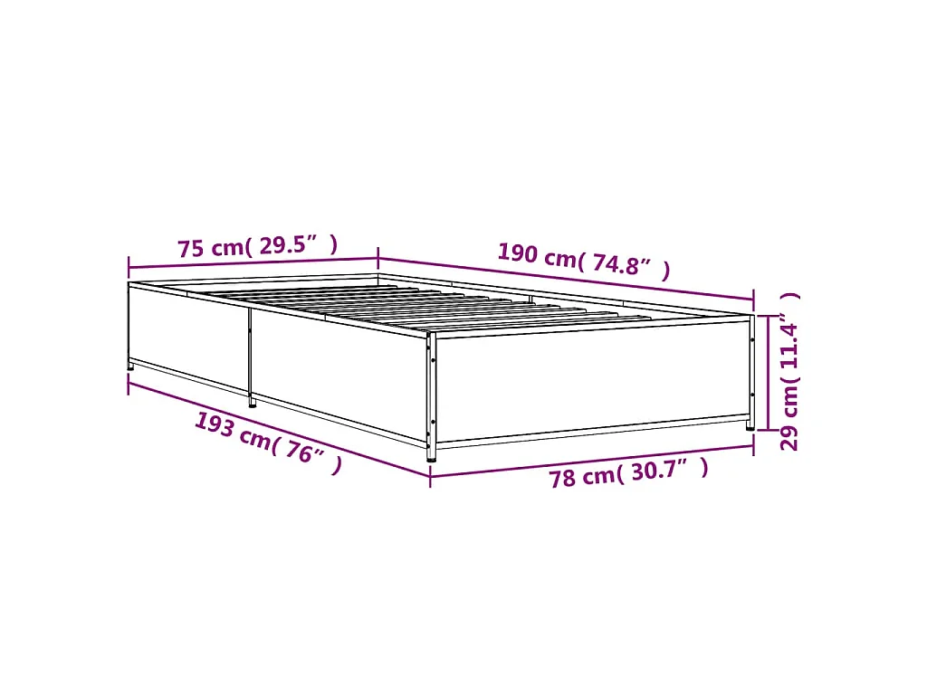 Bedframe bewerkt hout en metaal grijs sonoma eiken 75x190 cm