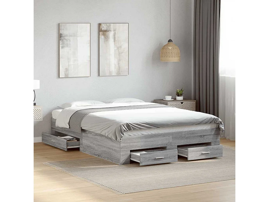 Cama con cajones madera ingeniería gris Sonoma 140x190 cm