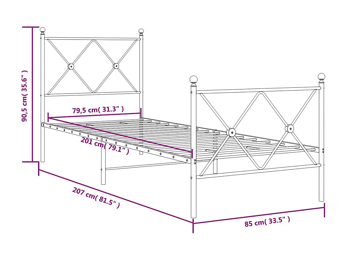 Estrutura de cama com cabeceira e pés 80x200 cm metal branco