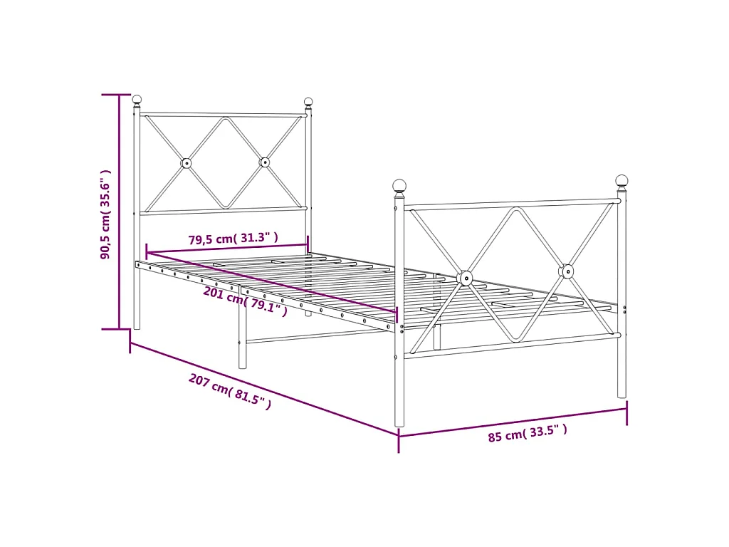 Cadre de lit métal sans matelas avec pied de lit blanc 80x200cm