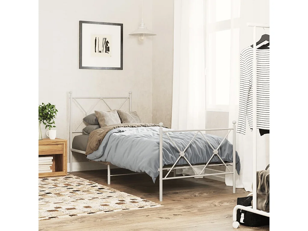 Cadre de lit métal sans matelas avec pied de lit blanc 80x200cm