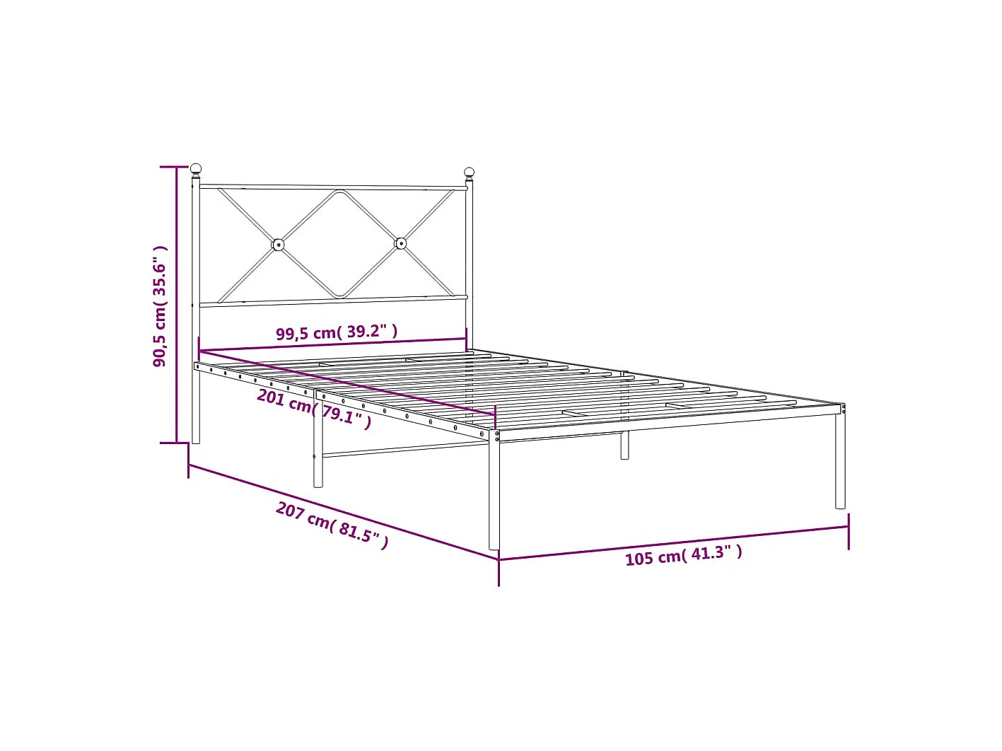 Cadre de lit métal sans matelas avec tête de lit noir 100x200cm