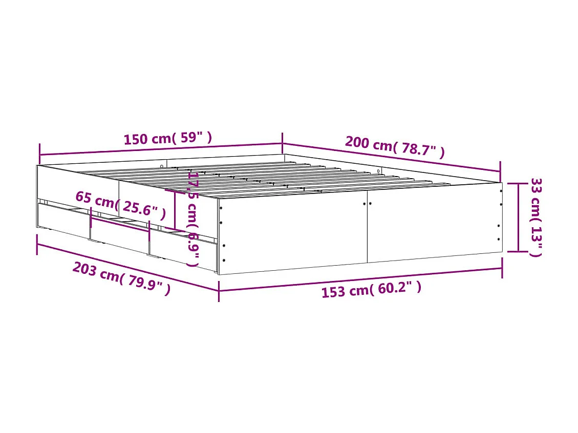 Bedframe met lades bewerkt hout wit 150x200 cm