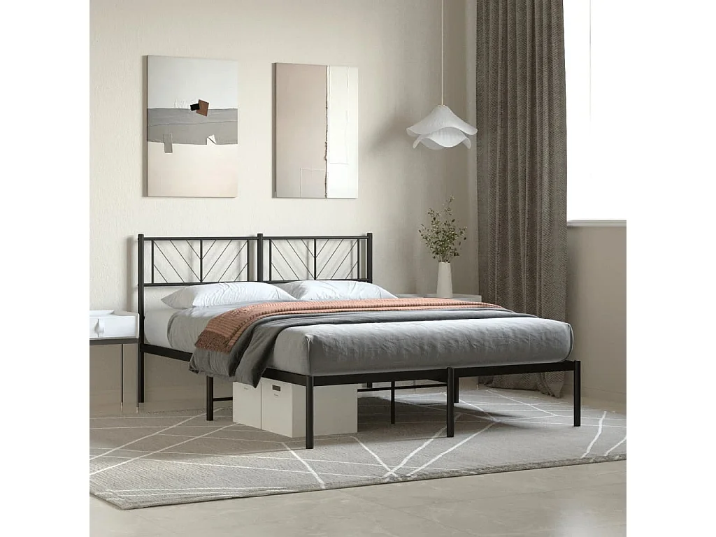 Cadre de lit métal sans matelas et tête de lit noir 160x200 cm