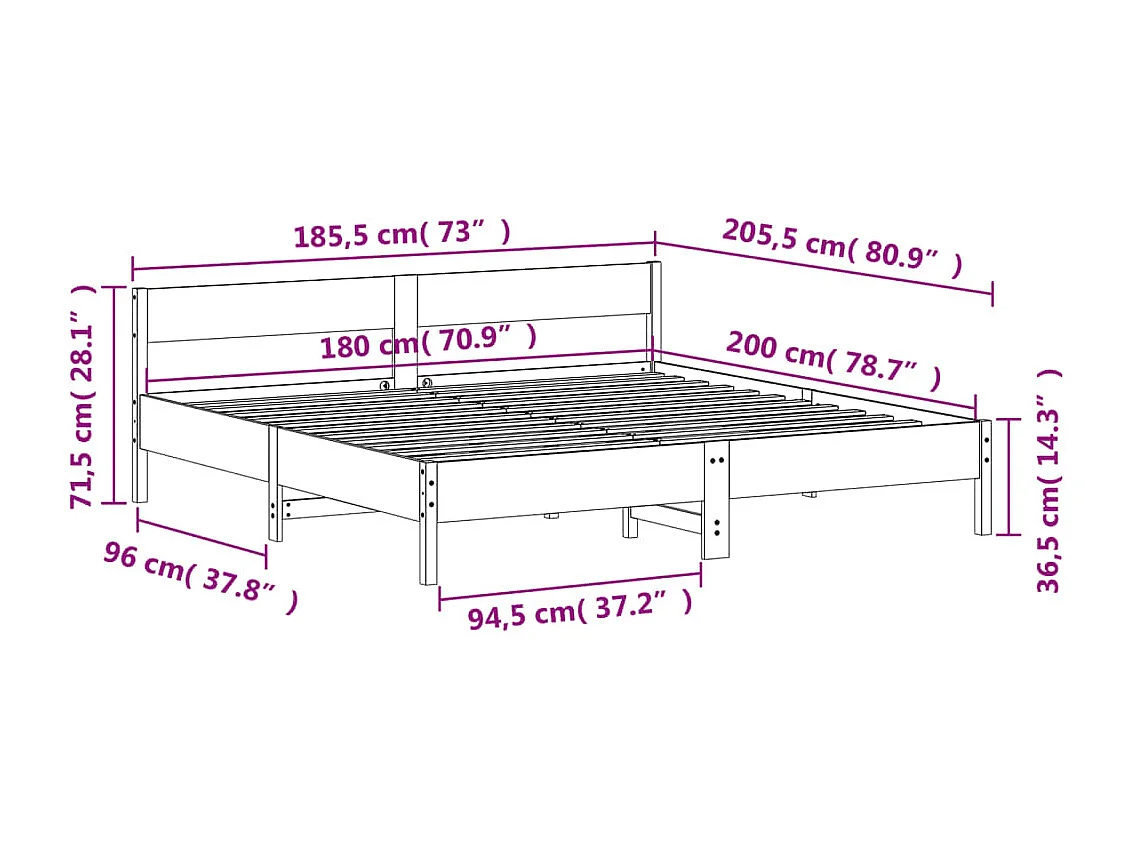 Estructura de cama sin colchón madera maciza de pino 180x200 cm