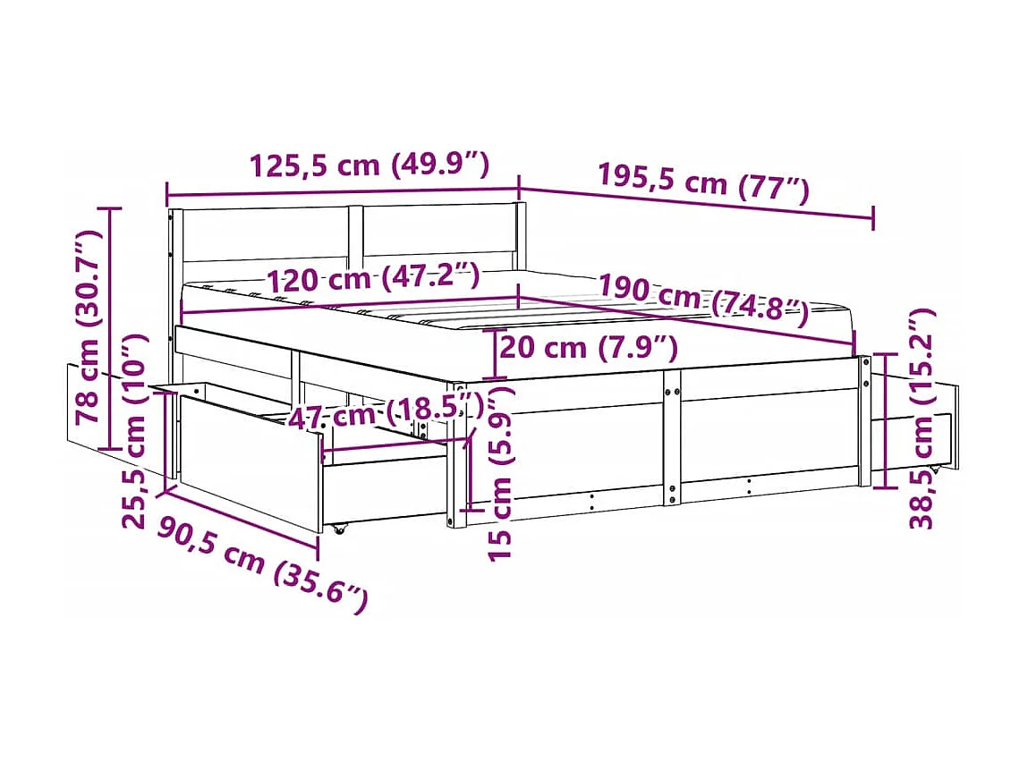Lit avec tiroirs et matelas 120x190 cm bois massif de pin