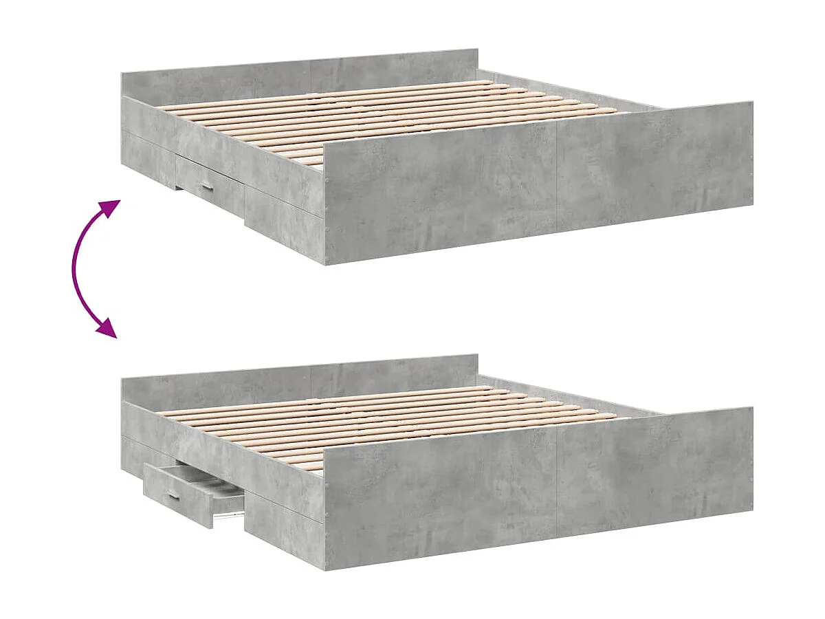 Cadre de lit avec tiroirs sans matelas gris béton 200x200 cm