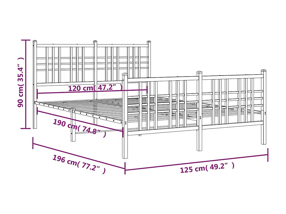 Cadre de lit métal sans matelas et pied de lit blanc 120x190 cm