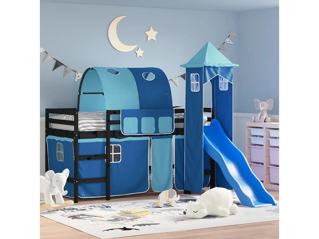 Lit mezzanine enfants avec tour sans matelas bleu 90x200 cm