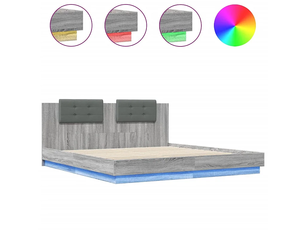 Estructura de cama cabecero luces LED gris Sonoma 160x200 cm