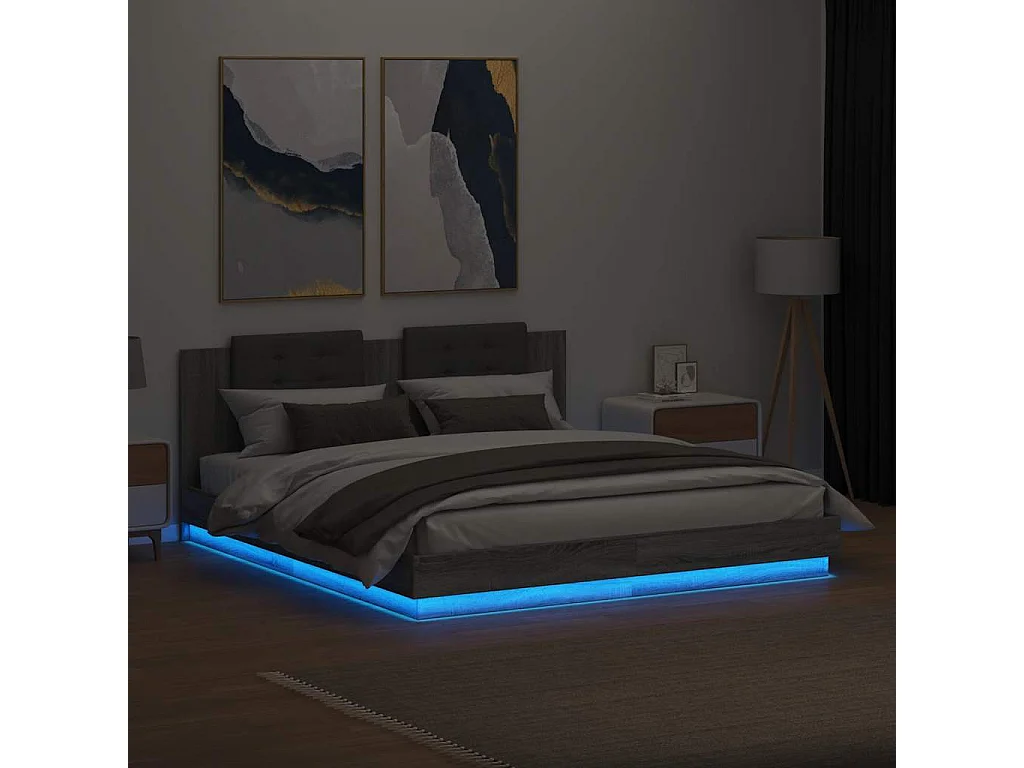 Estructura de cama cabecero luces LED gris Sonoma 160x200 cm