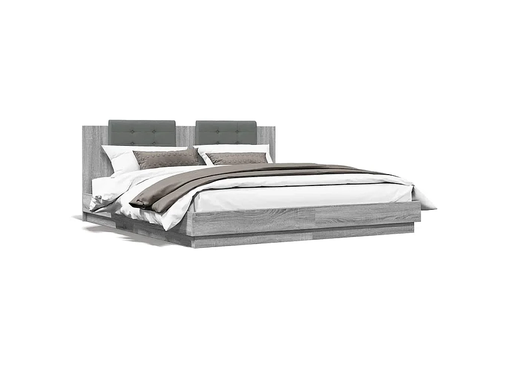 Estructura de cama cabecero luces LED gris Sonoma 160x200 cm