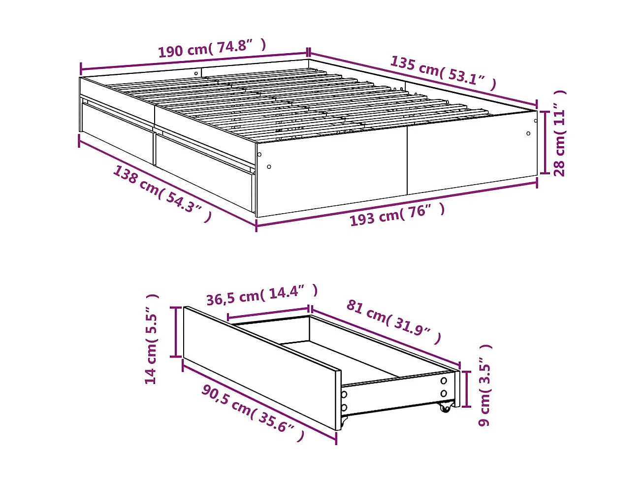 Bedframe met lades bewerkt hout sonoma eikenkleurig 135x190 cm