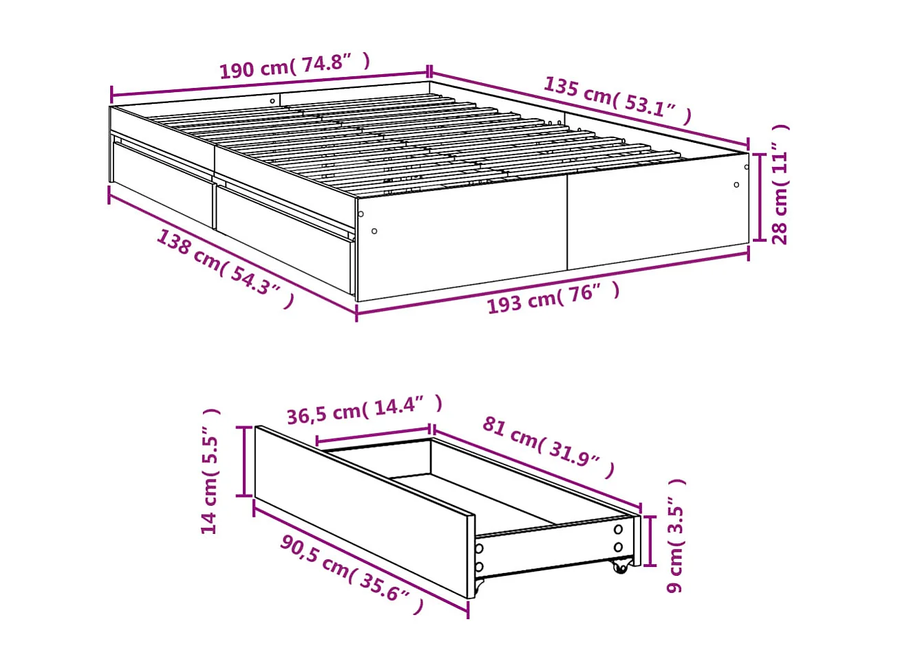Cadre de lit avec tiroirs sans matelas chêne sonoma 135x190 cm