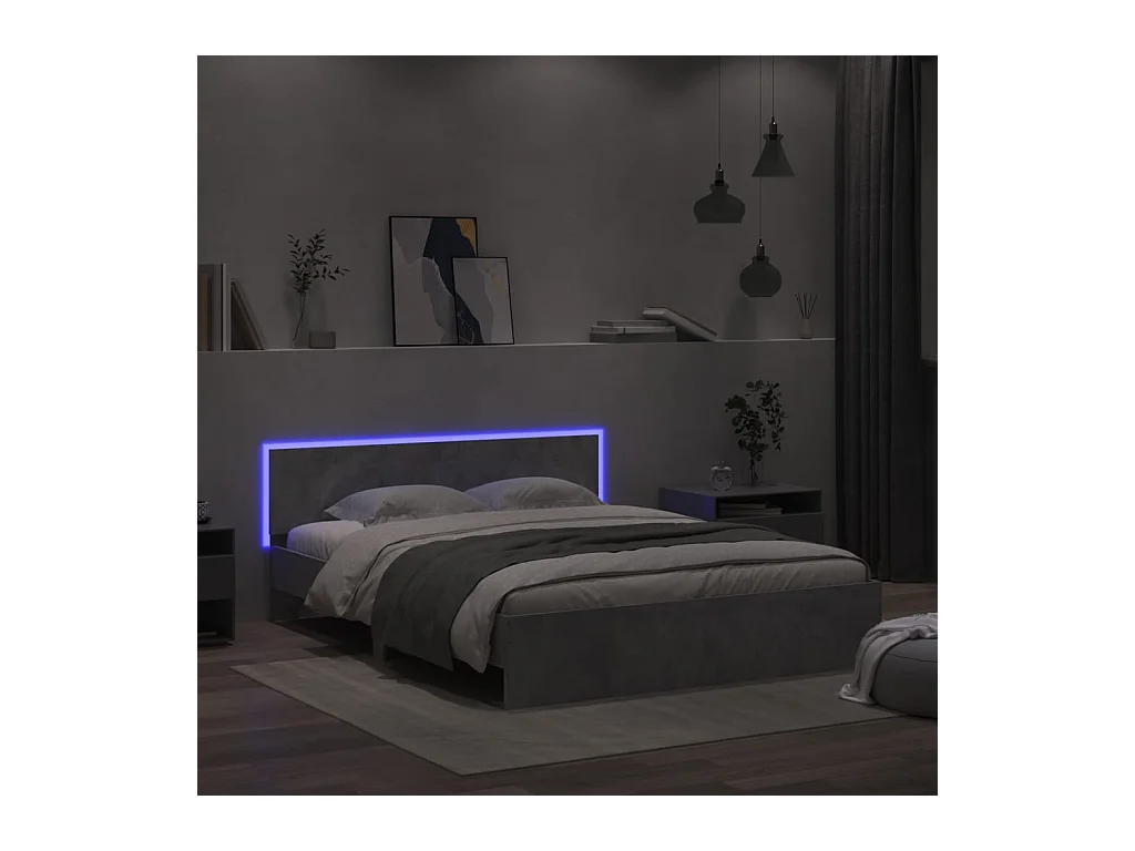 Bedframe met hoofdeinde en LED-licht betongrijs 160x200 cm