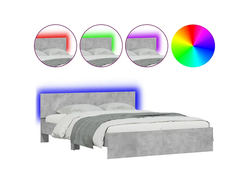 Estrutura cama cabeceira e luzes LED 160x200cm cinzento cimento