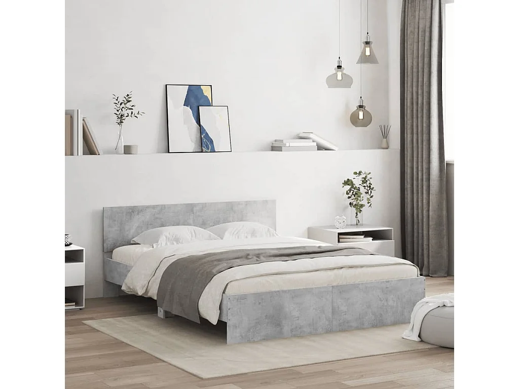 Estrutura cama cabeceira e luzes LED 160x200cm cinzento cimento