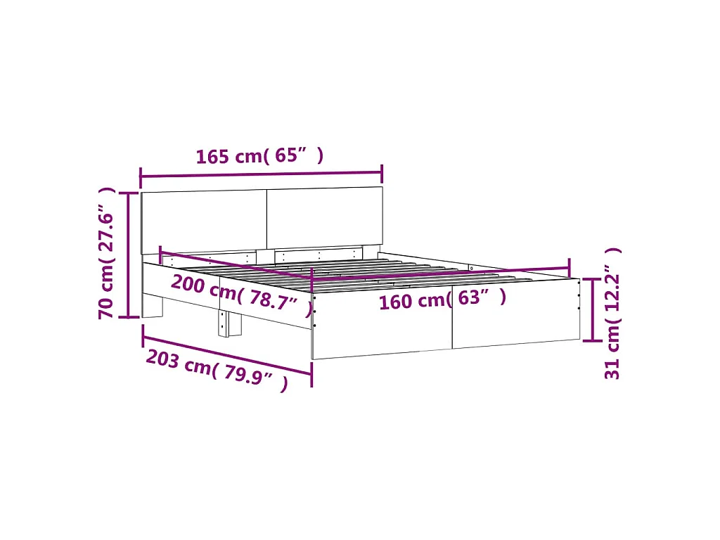 Estrutura cama cabeceira e luzes LED 160x200cm cinzento cimento