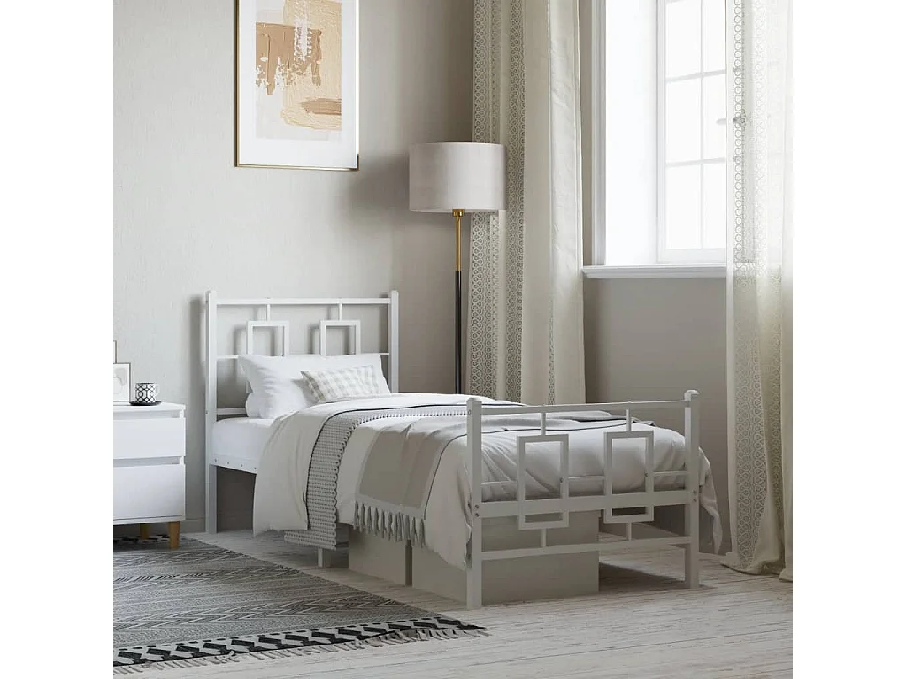 Cadre de lit métal sans matelas avec pied de lit blanc 80x200cm