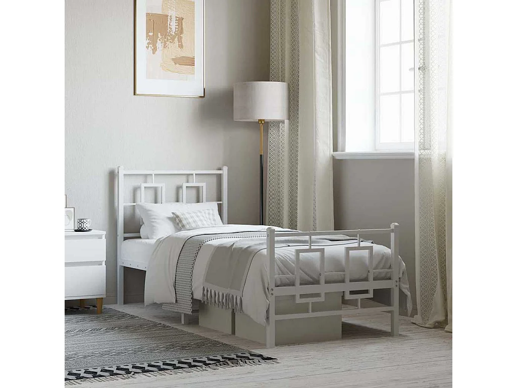 Cadre de lit métal sans matelas avec pied de lit blanc 80x200cm