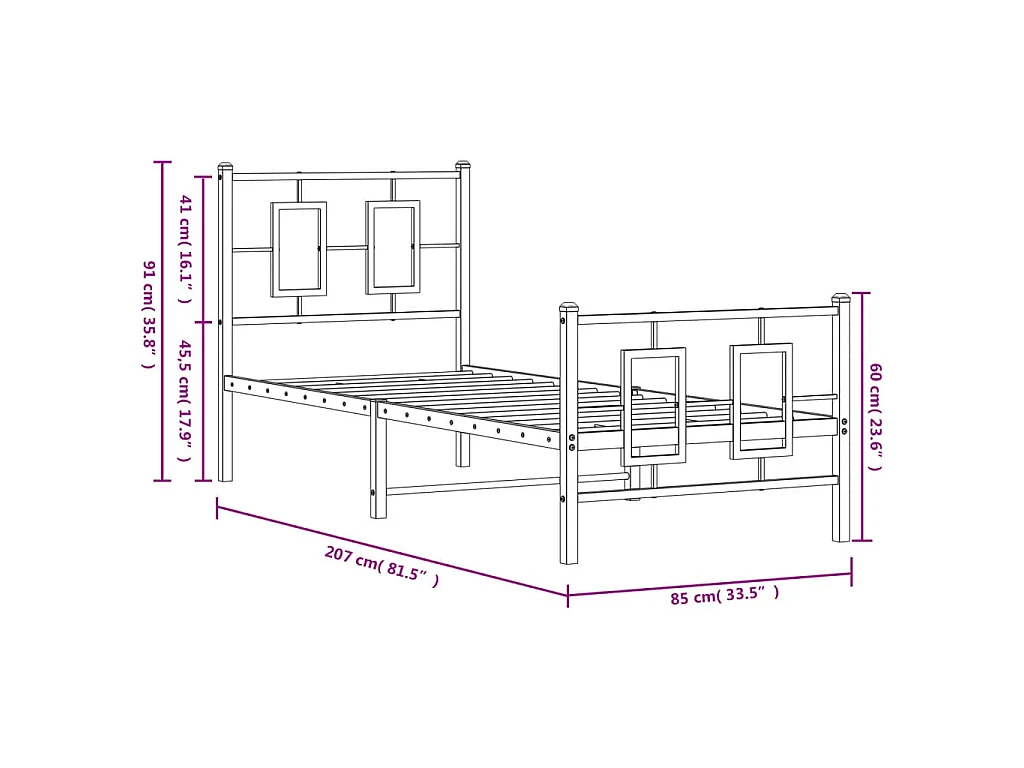 Cadre de lit métal sans matelas avec pied de lit blanc 80x200cm