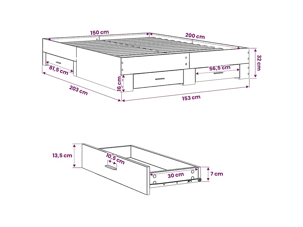 Bedframe met lades bewerkt hout wit 150x200 cm