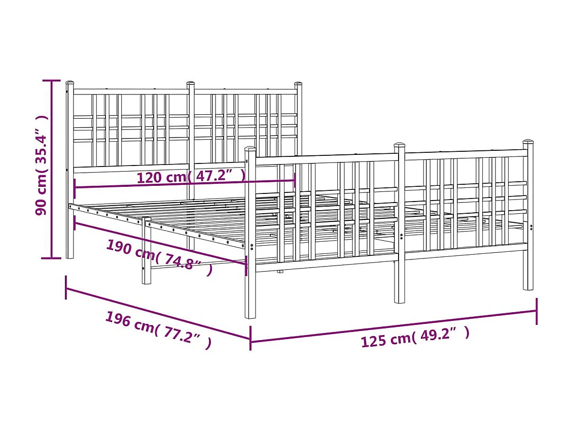 Cadre de lit métal sans matelas avec pied de lit noir 120x190cm