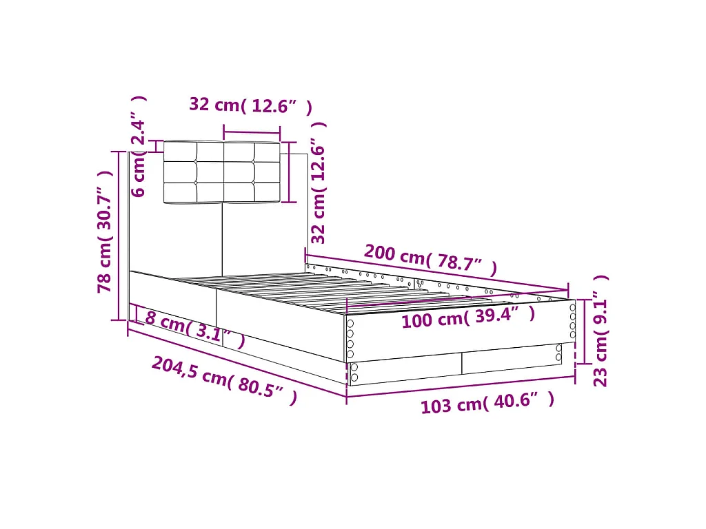 Bedframe met hoofdbord en LED-verlichting zwart 100x200 cm