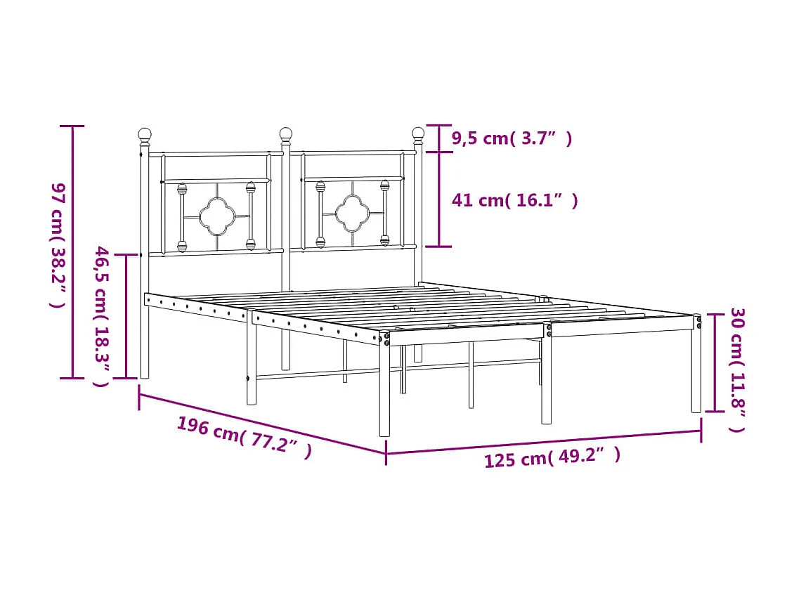Bedframe met hoofdbord metaal zwart 120x190 cm