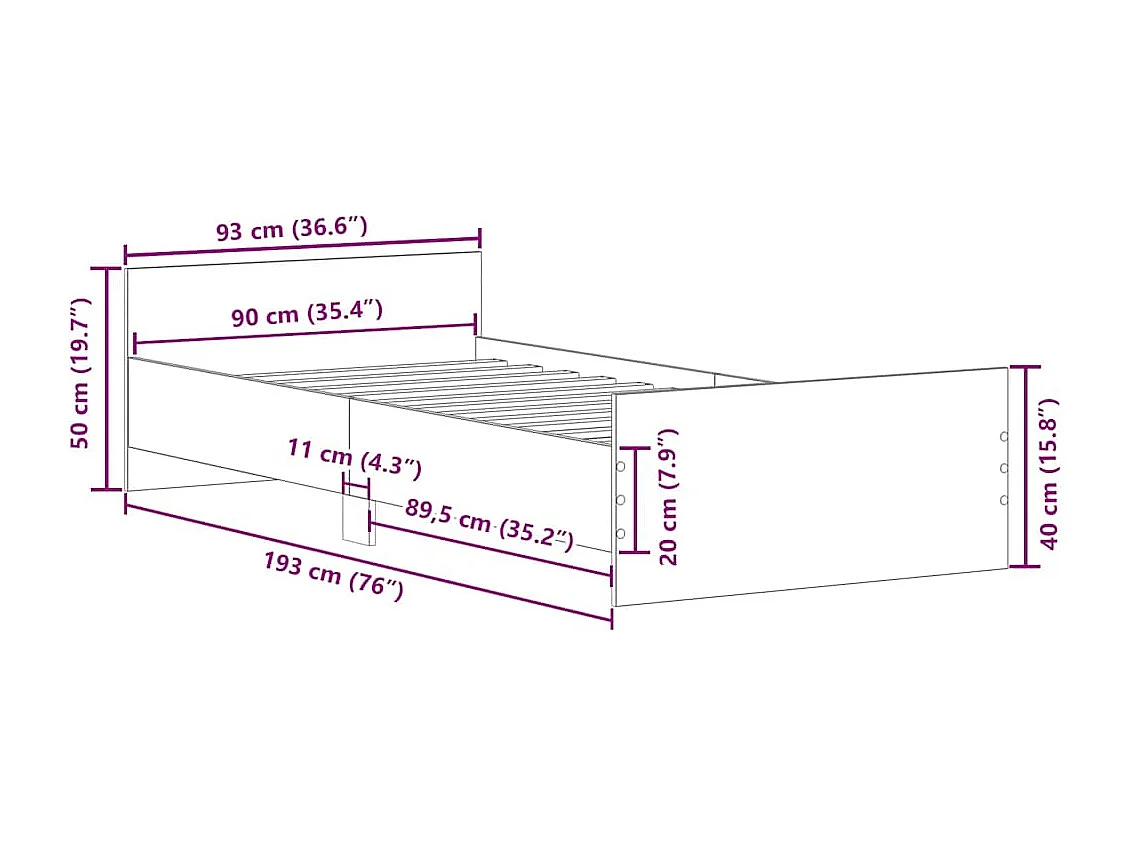 Cadre de lit sans matelas chêne fumé 90x190cm bois d'ingénierie