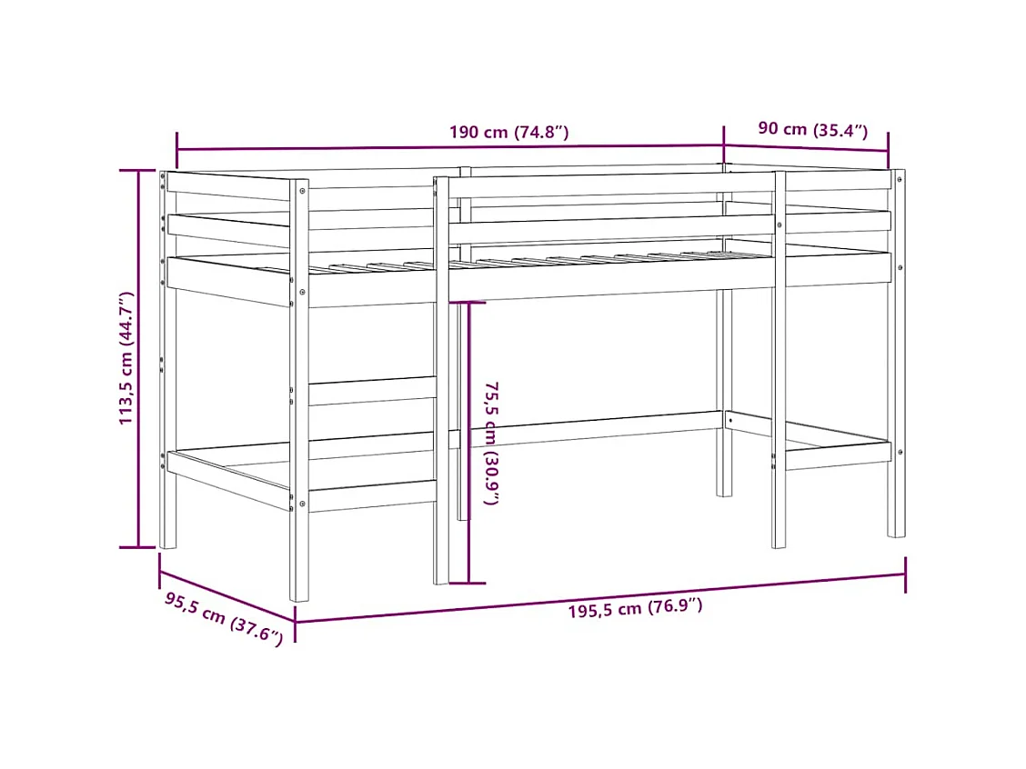 Lit mezzanine d'enfants sans matelas avec échelle 90x190 cm