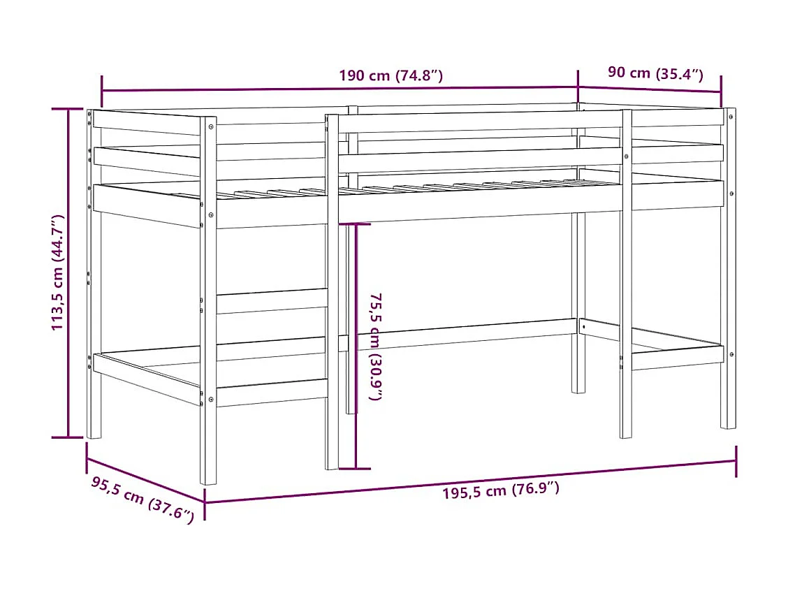Lit mezzanine d'enfants sans matelas avec échelle 90x190 cm