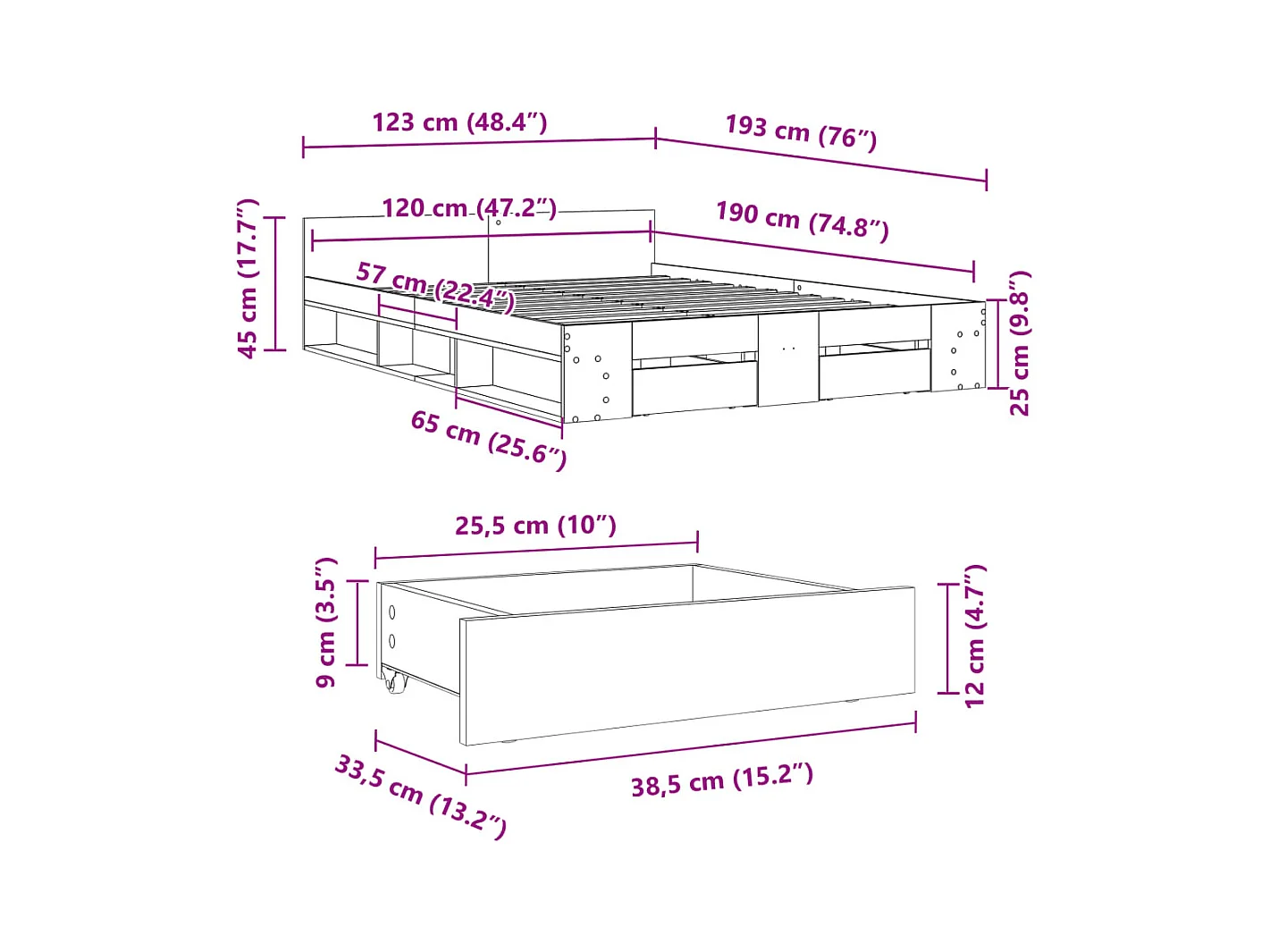 Cadre de lit avec tiroirs sans matelas chêne sonoma 120x190 cm
