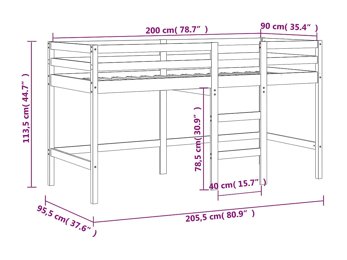Cama alta p/ criança c/ escada 90x200 cm pinho maciço preto