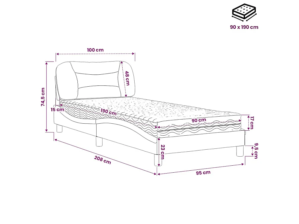 Lit avec matelas Hvar gris clair 90x190 cm tissu