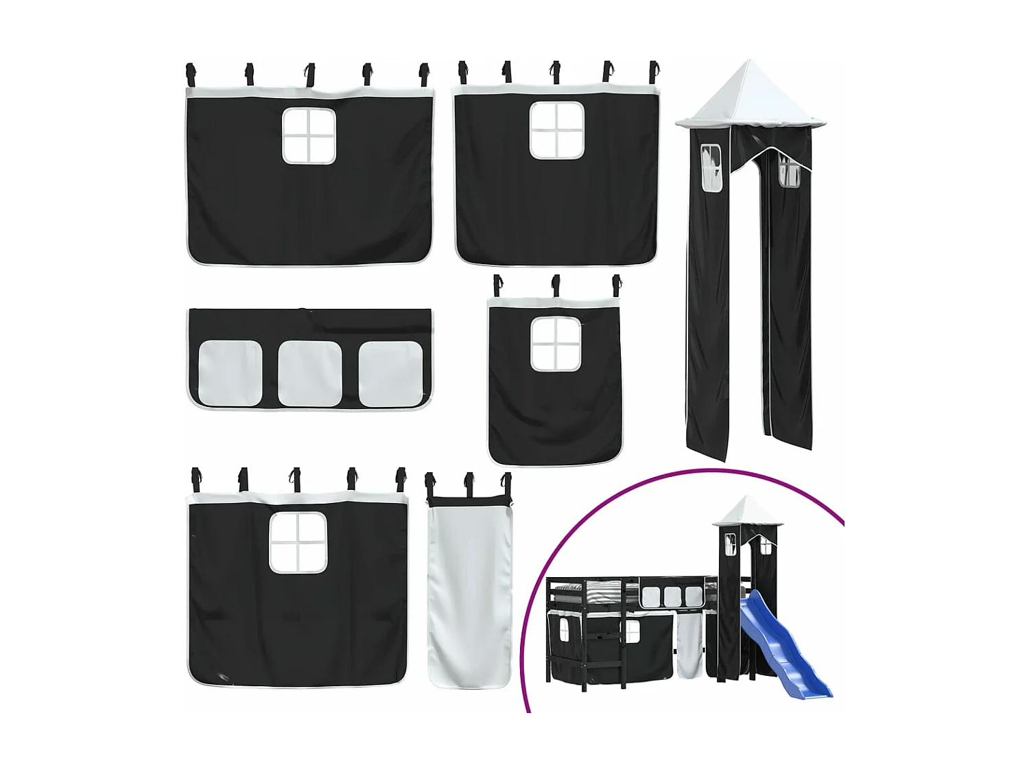 Cama alta criança c/ torre 90x190 cm pinho maciço branco/preto