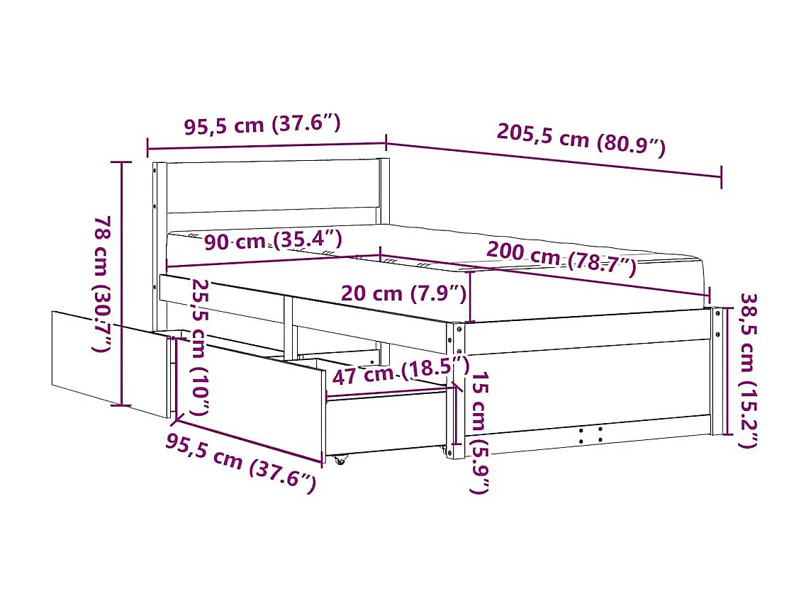 Letto Cassetti e Materasso Marrone Cera 90x200cm Massello Pino