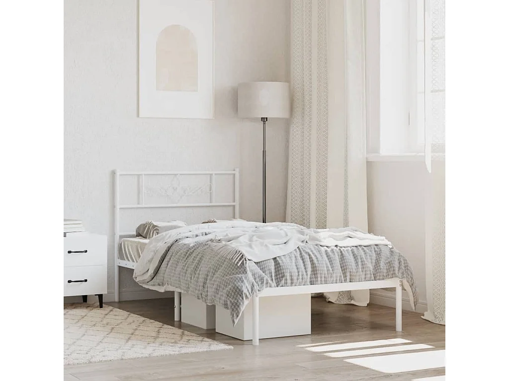 Cadre de lit métal sans matelas avec tête de lit blanc 75x190cm