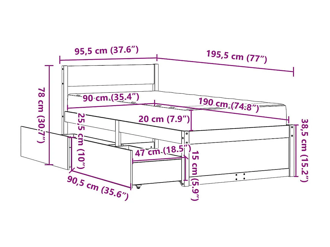Lit avec tiroirs et matelas blanc 90x190 cm bois massif de pin