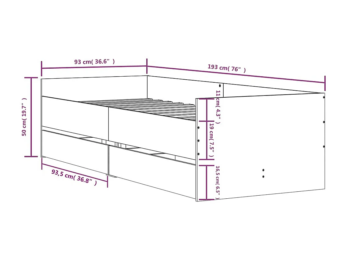 Cadre de lit avec tiroirs sans matelas blanc 90x190 cm