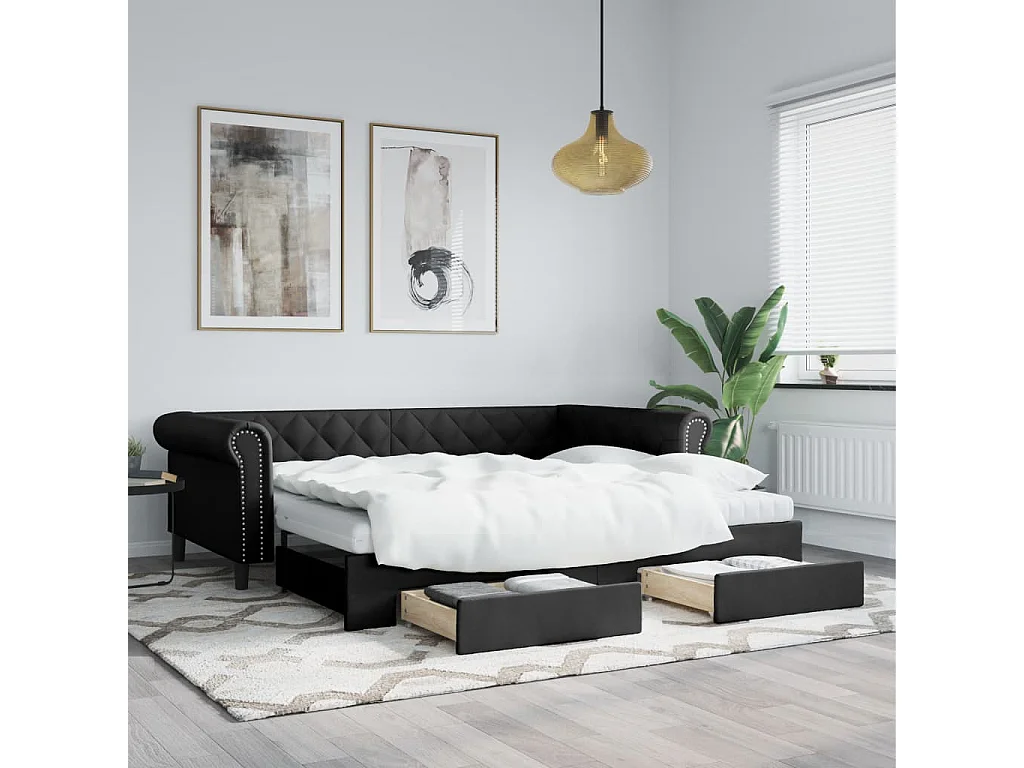 Lit de jour avec gigogne et tiroirs noir 90x200 cm similicuir