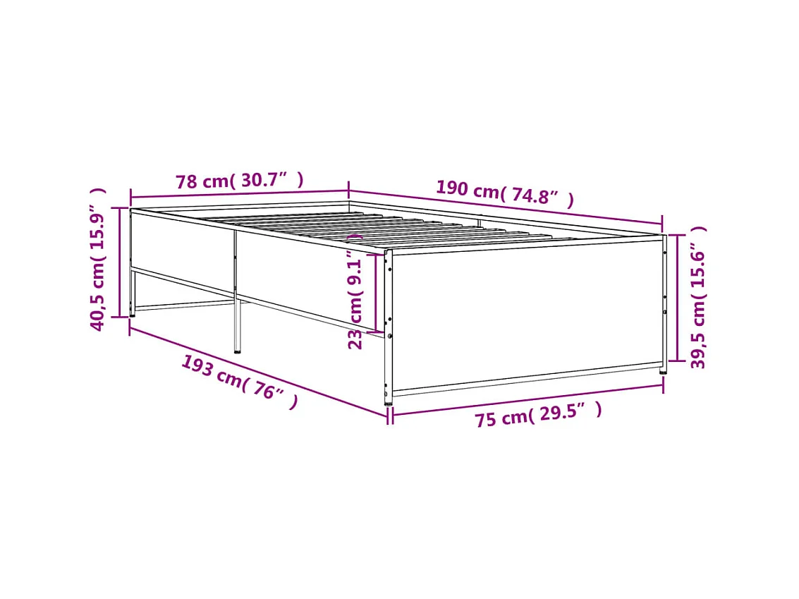 Bettgestell Räuchereiche 75x190 cm Holzwerkstoff und Metall
