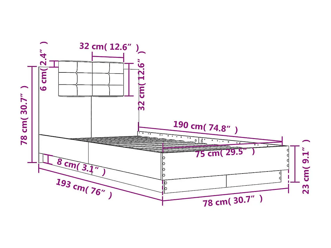 Cadre de lit avec LED sans matelas blanc 75x190 cm
