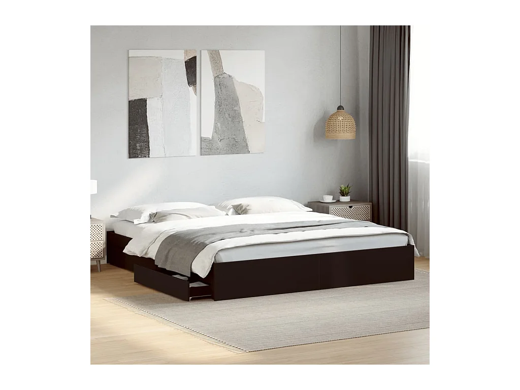 Giroletto con Cassetti Nero 200x200 cm in Legno Multistrato
