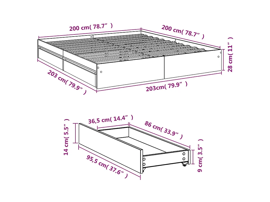 Bedframe met lades bewerkt hout zwart 200x200 cm