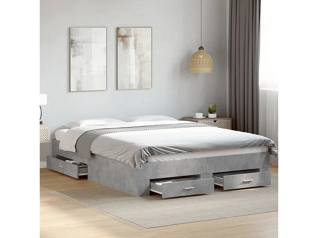 Cadre de lit avec tiroirs sans matelas gris béton 140x200 cm